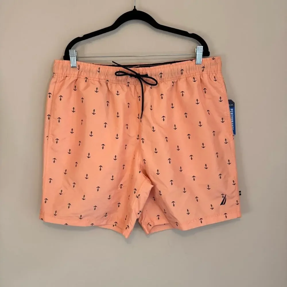 Nautica Mens Elastic Waist Quick Dry Peach Anchor Swim Trunks Shorts Size XL NWT